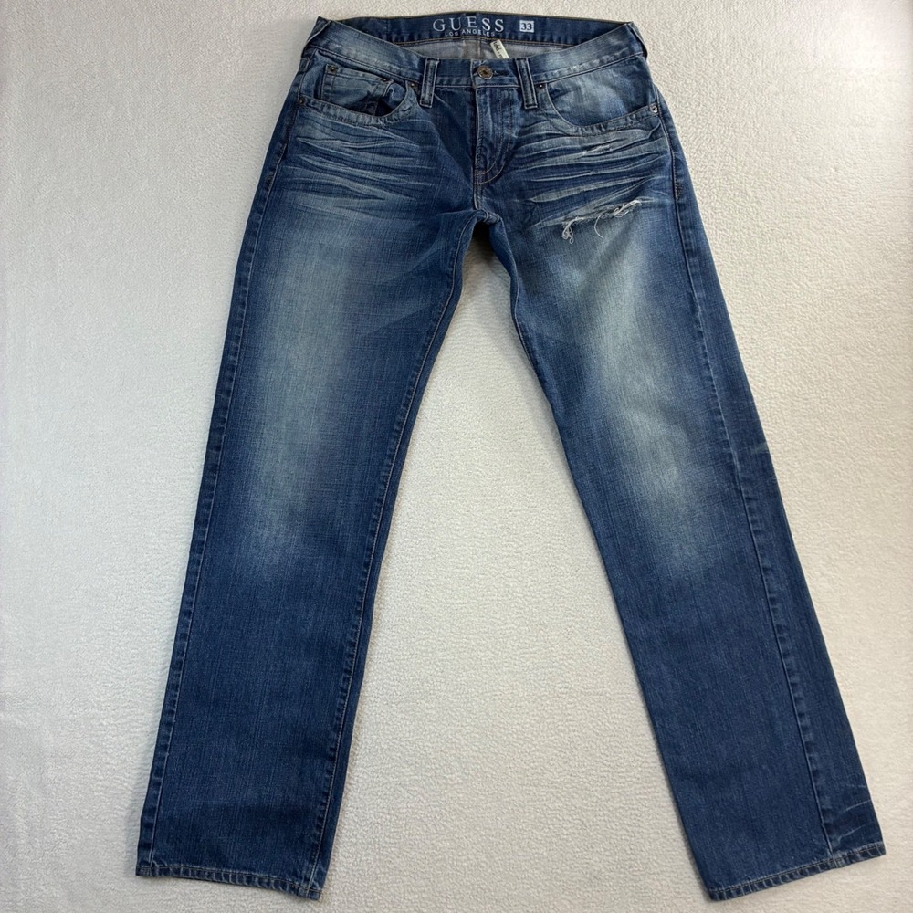 Guess Rebel Straight Jeans Mens 33x34 Blue Faded Whiskered Distressed Denim Y2K
